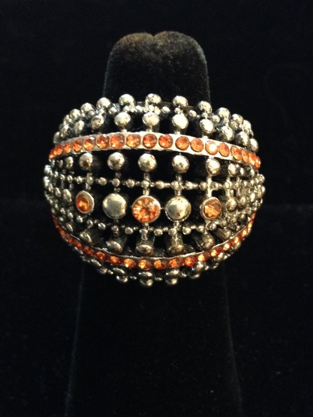 VTG Stretch Orange Amber Rhinestones Costume Ring "8.5" Silver tone, Bohemian